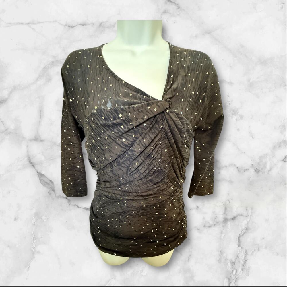 Joseph Ribkoff Black Metallic Dot Ruched Draped Top Women’s Size 8 (M)